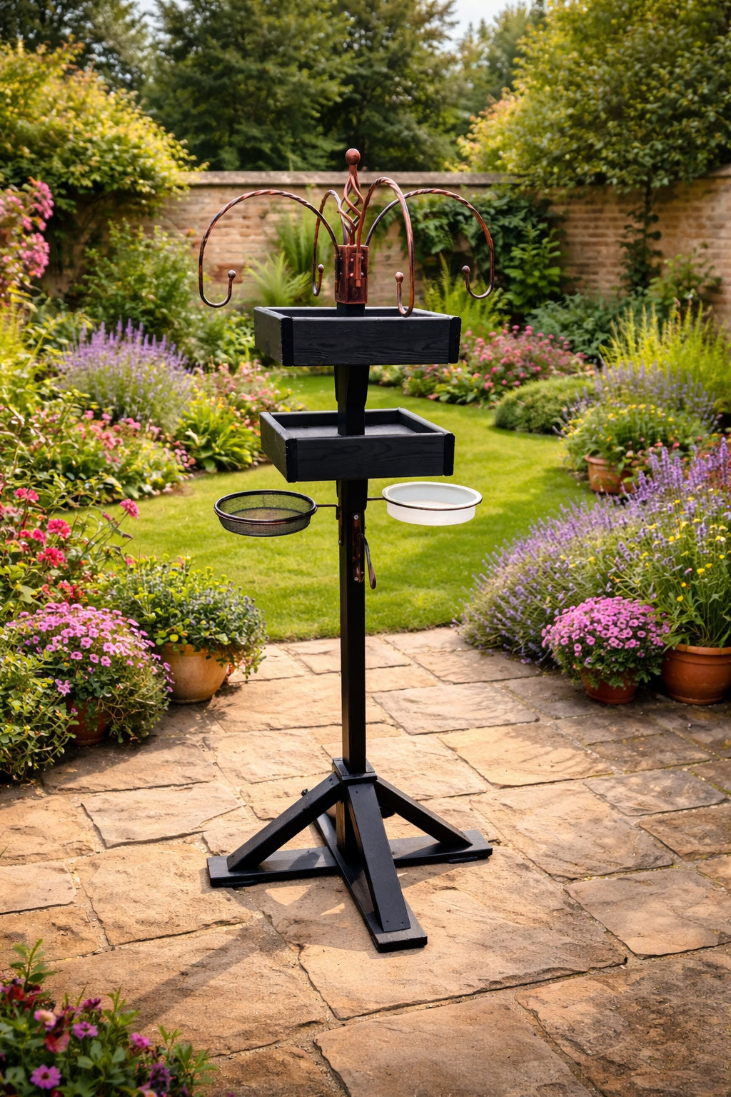 Freestanding Bird Feeding Station Heavy Duty with Dual Feeding Tables - 4 Arm Hanging Hooks - Mesh Seed Tray and Water Dish