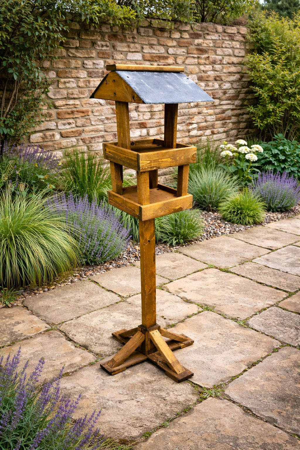 Twin Platform Wooden Bird Table with Real Slate Roof Heavy Duty Garden Wild Bird Feeding Station