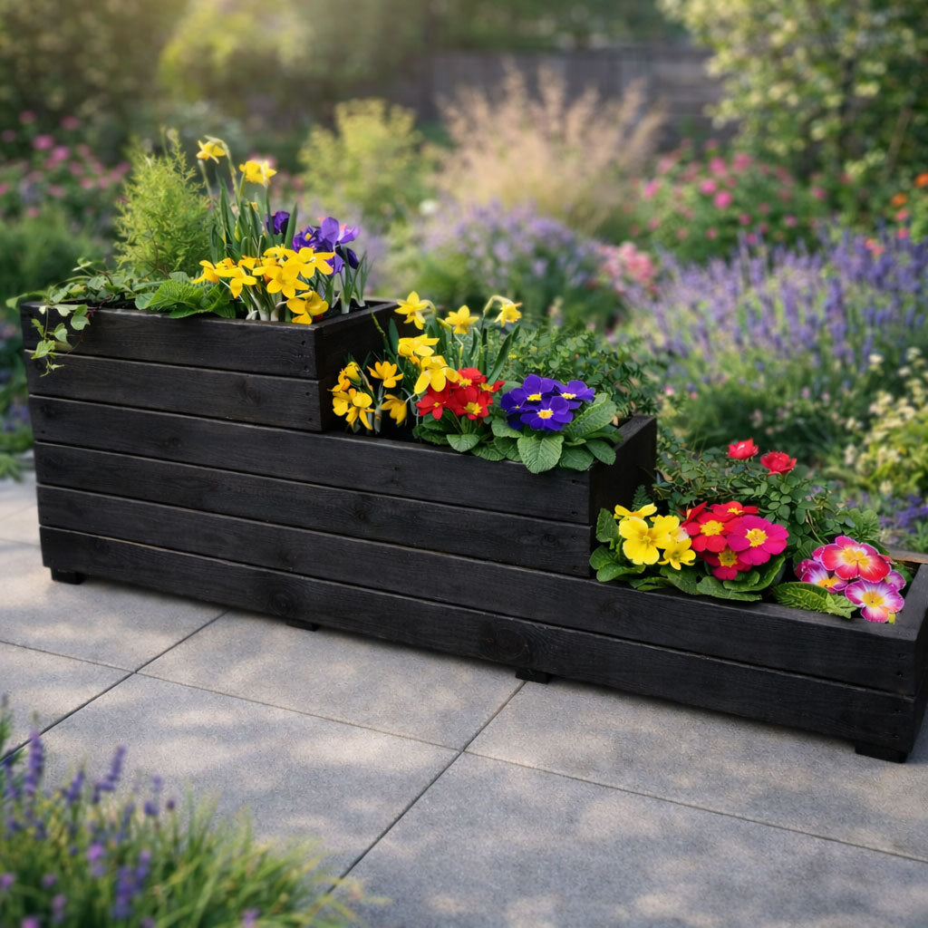 Outdoor Black Wooden Raised Herb Planter 3 Tier Garden Planter Box for Patio Balcony Flowers Herbs