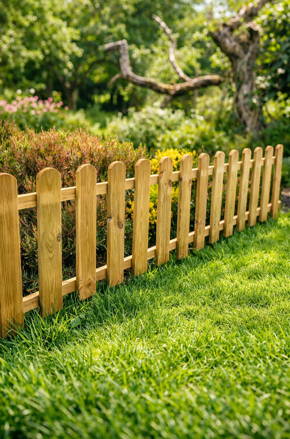 Low Garden Border Edge Panels - Timber Wooden Picket Edging with Integral Spike for Lawns and Flower Beds