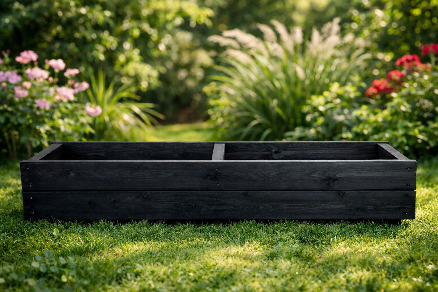 Wooden Garden Trough Planters 110cm Black Raised Flower Herb Planter Boxes - Set of Two