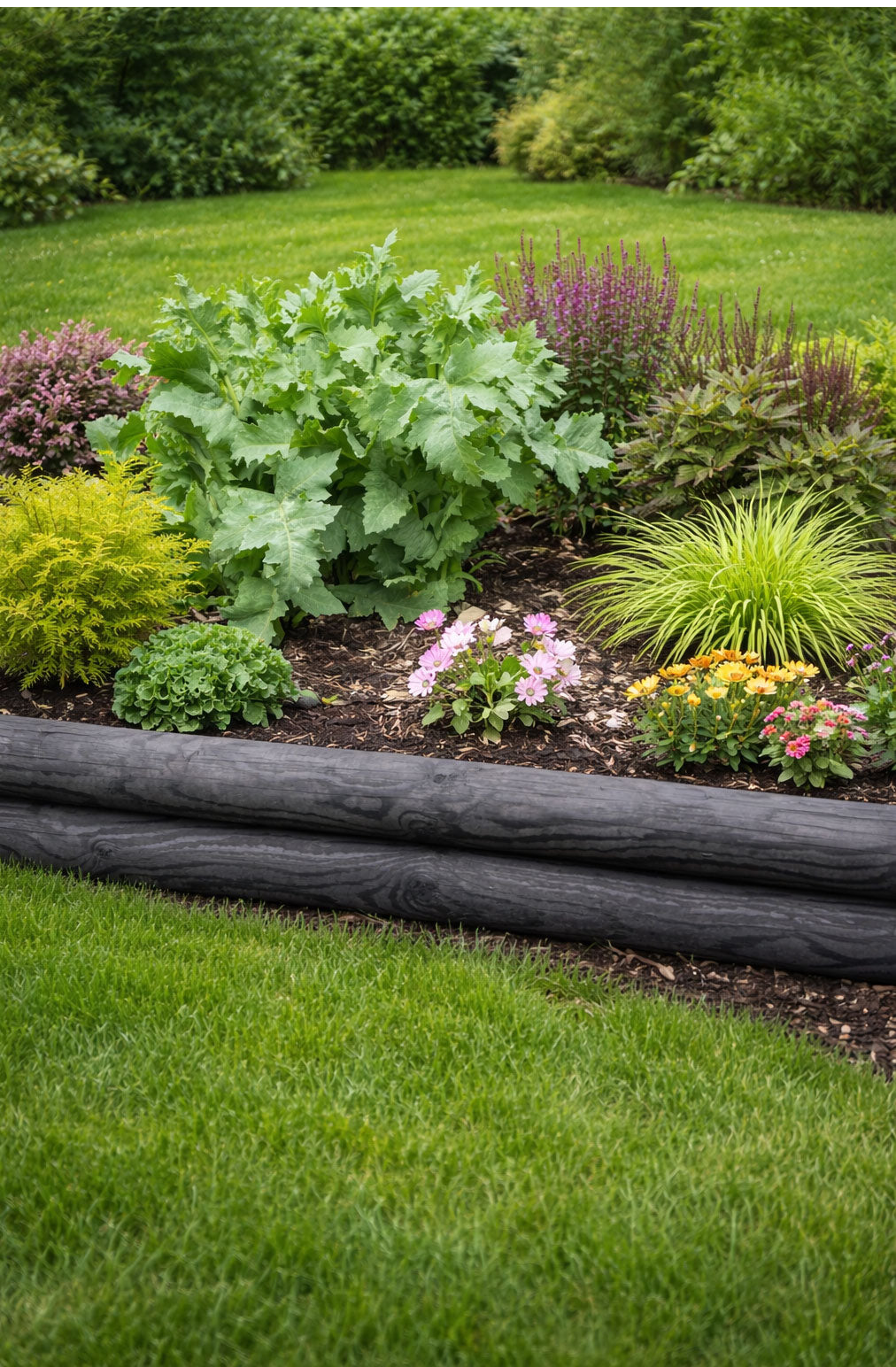 Wooden Black Log Garden Border Horizontal Lawn Edging Fence Border Panels