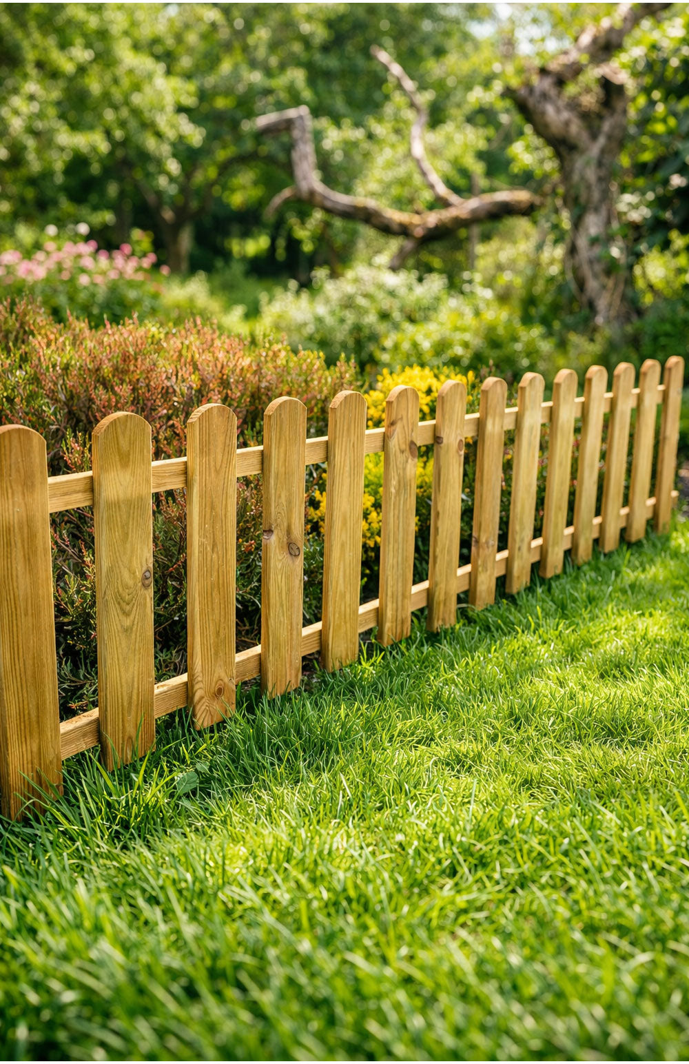 Low Garden Border Edge Panels - Timber Wooden Picket Edging with Integral Spike for Lawns and Flower Beds