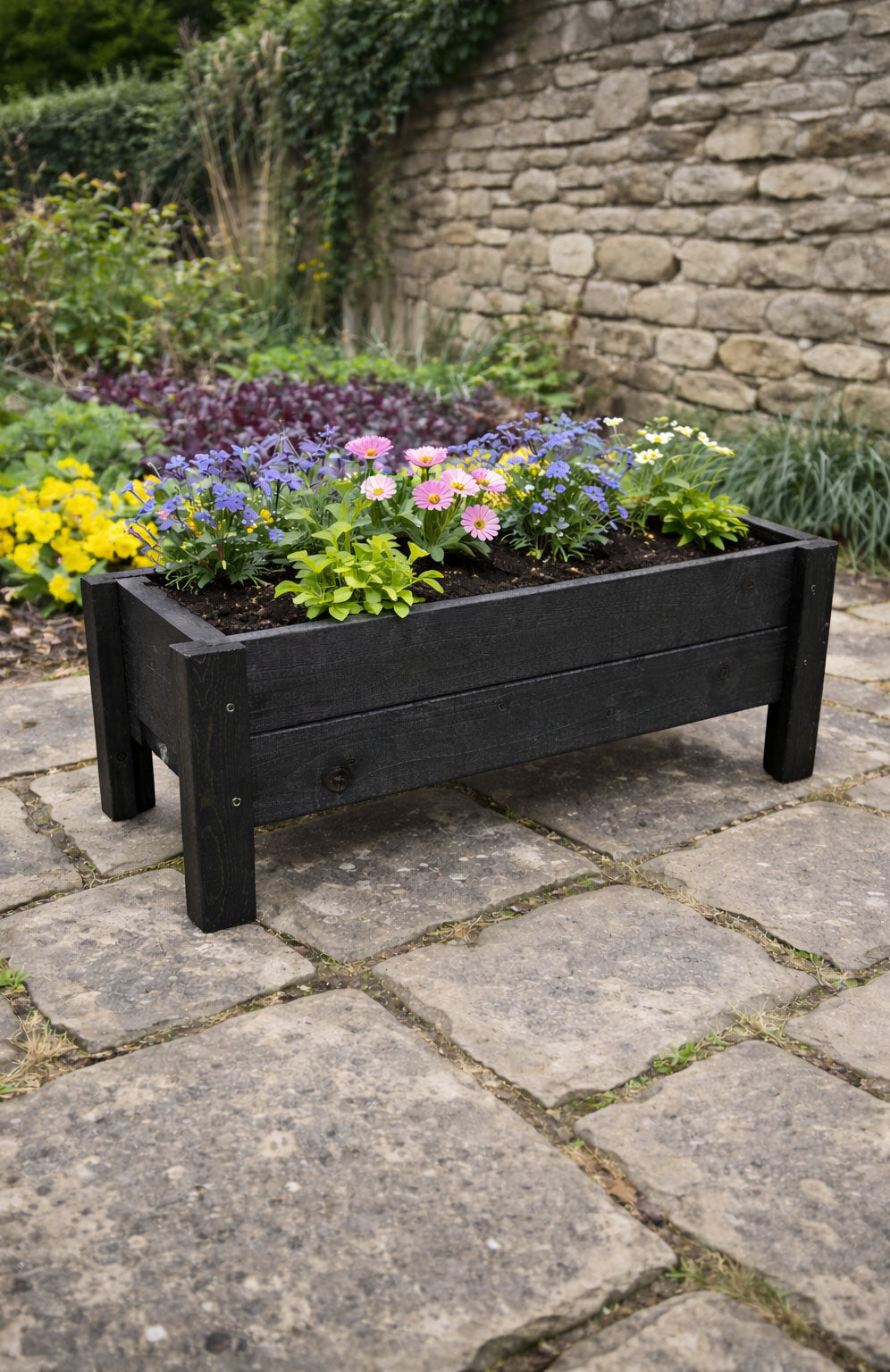 Raised Wooden Garden Container on Legs - Black Timber Trough for Herbs & Flowers