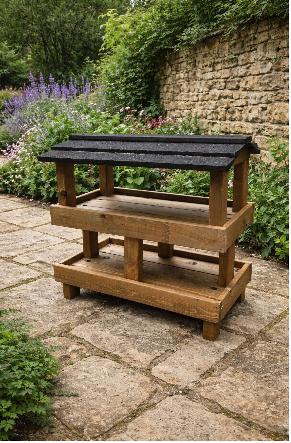 Heavy Duty Wooden Ground Bird Feeder Table - Ready Assembled Outdoor Wild Bird Feeding Station with Black Roof