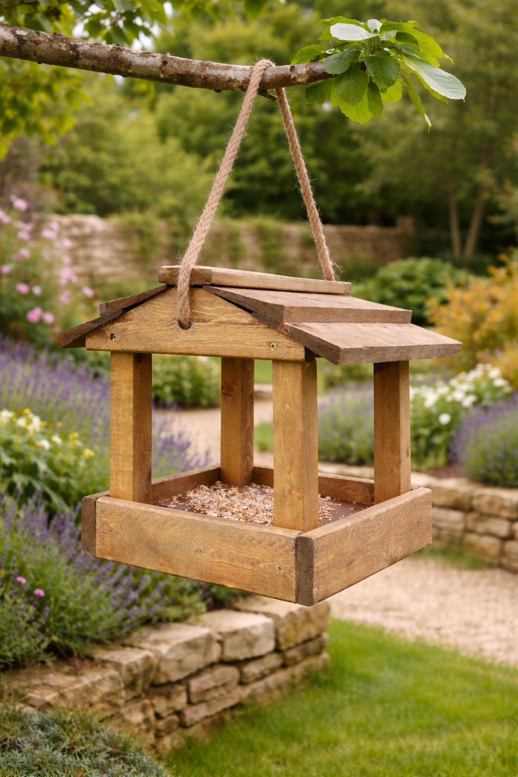 Premium Wooden Bird Feeder Hanging Rope Bird Table Garden Feeder With Roof Fully Assembled