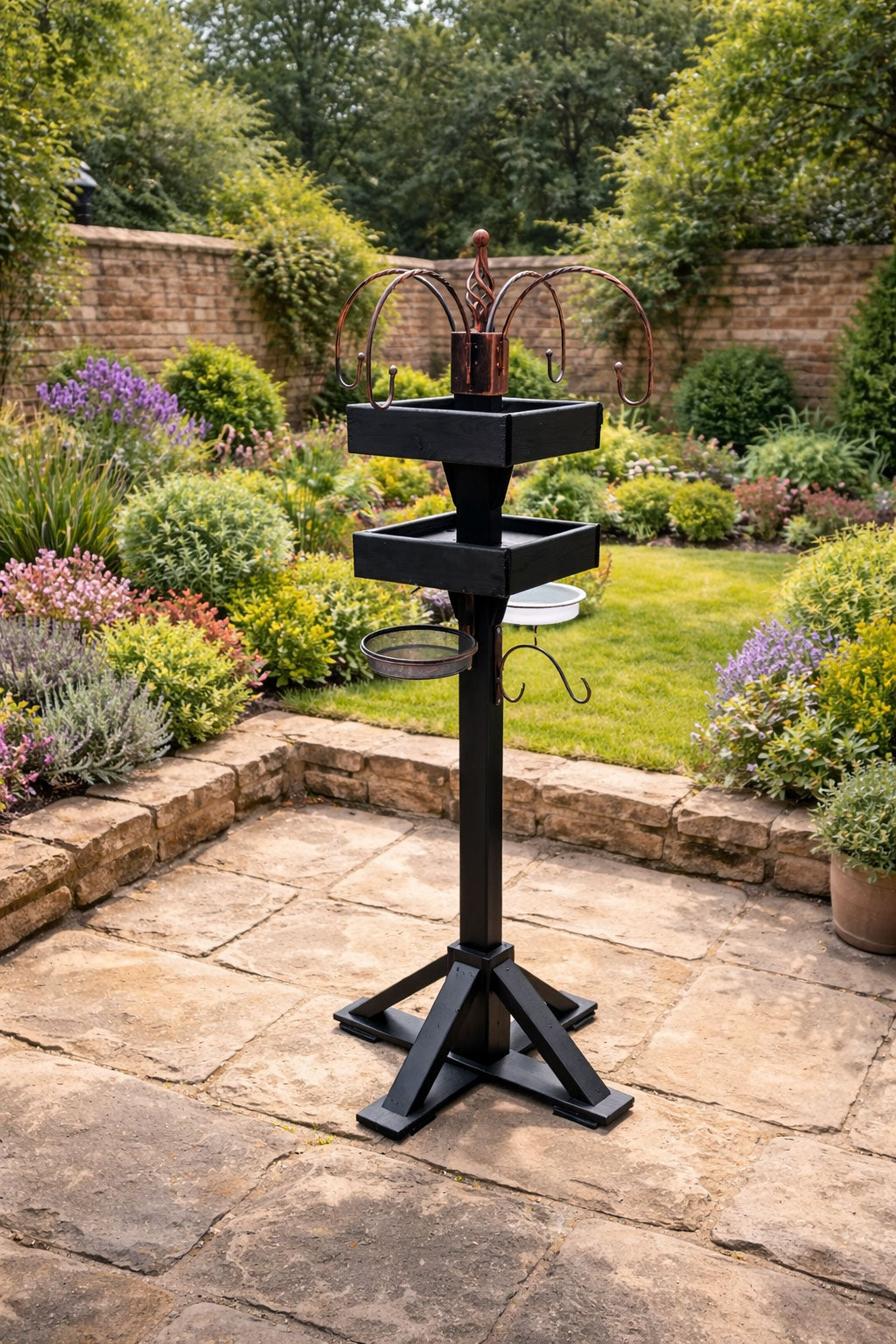 Freestanding Bird Feeding Station Heavy Duty with Dual Feeding Tables - 4 Arm Hanging Hooks - Mesh Seed Tray and Water Dish
