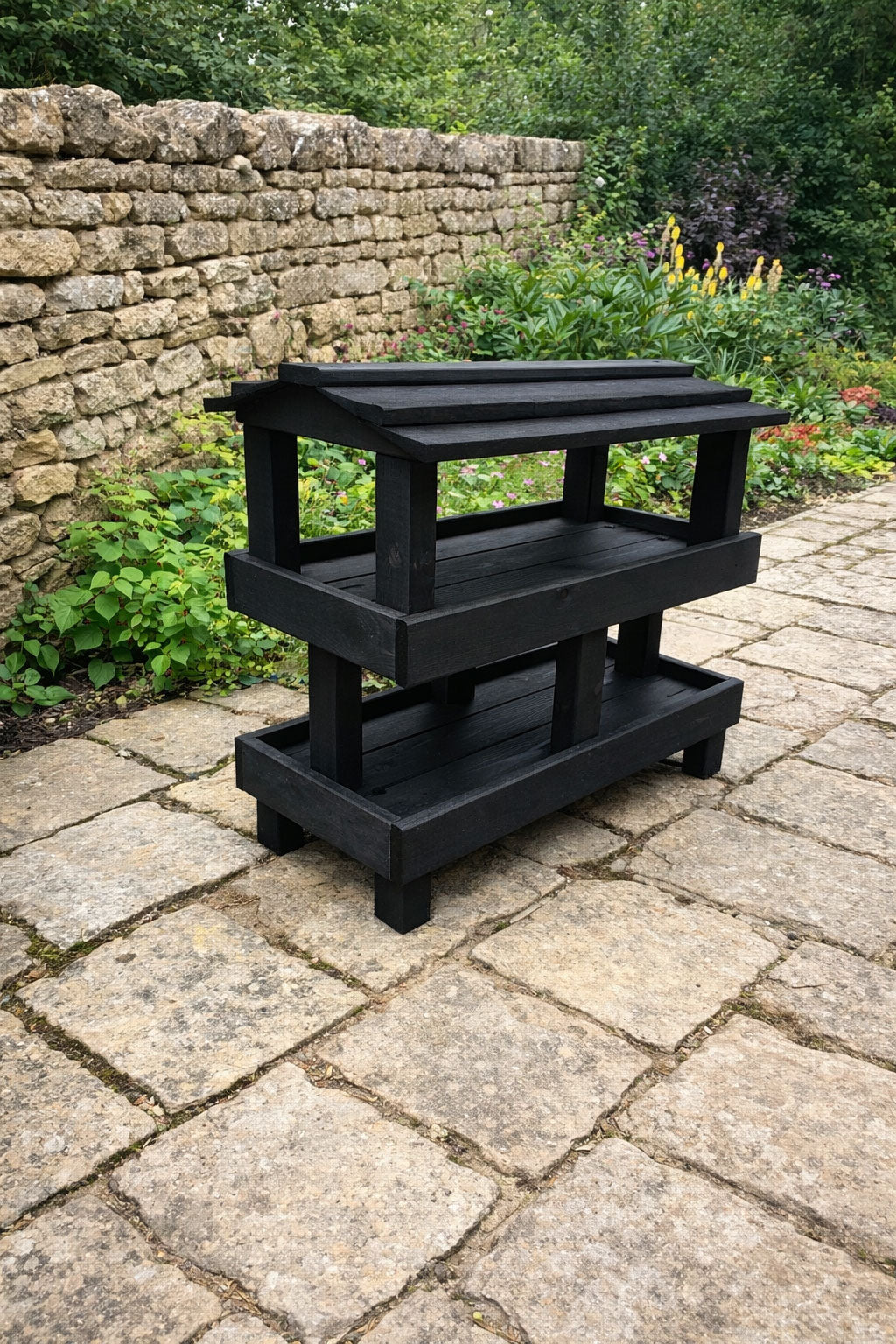 Wooden Ground Bird Feeder Table with Roof - Heavy Duty Two Level Feeding Station