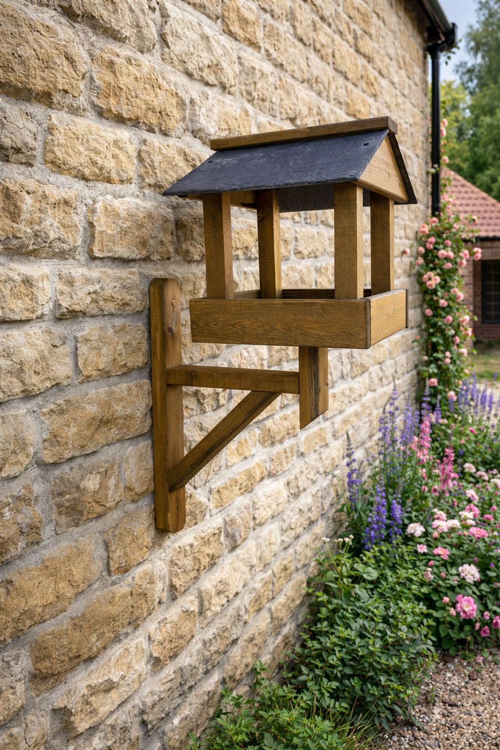 Premium Wall Mounted Garden Bird Table - Real Slate Roof Wooden Bird Feeder
