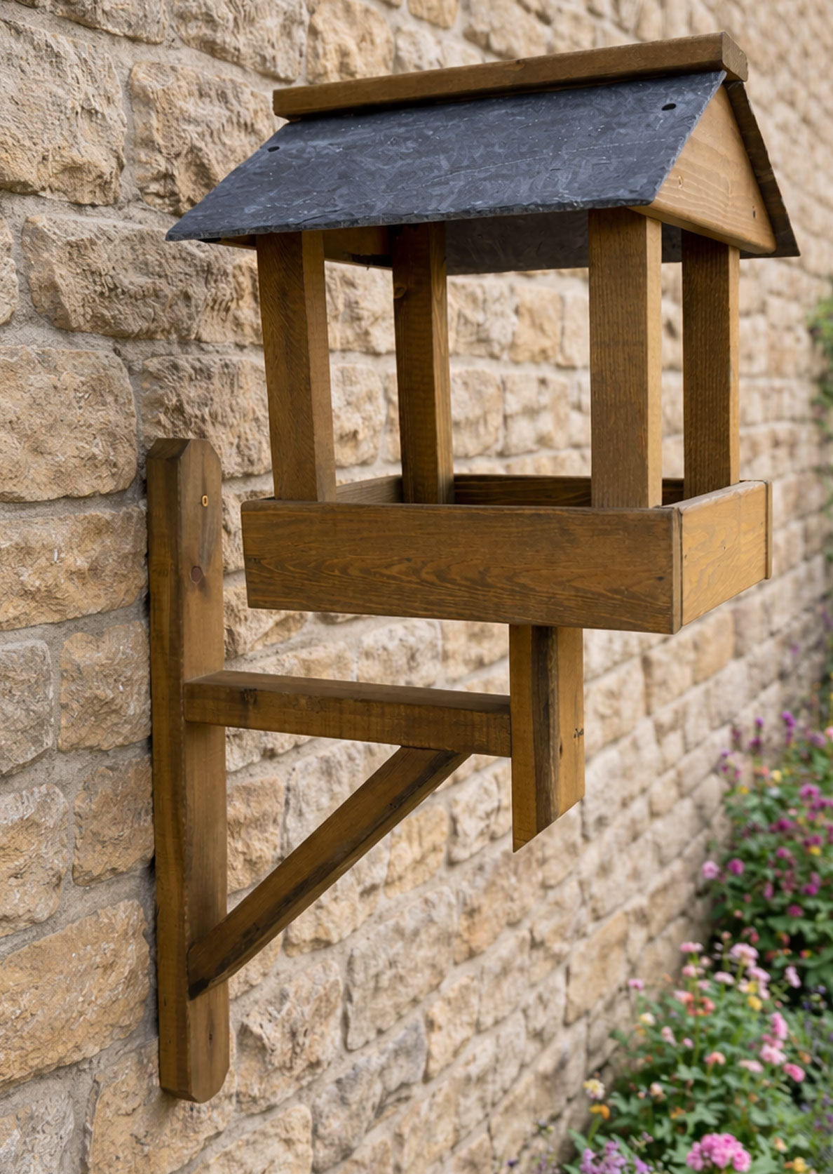 Premium Wall Mounted Garden Bird Table - Real Slate Roof Wooden Bird Feeder