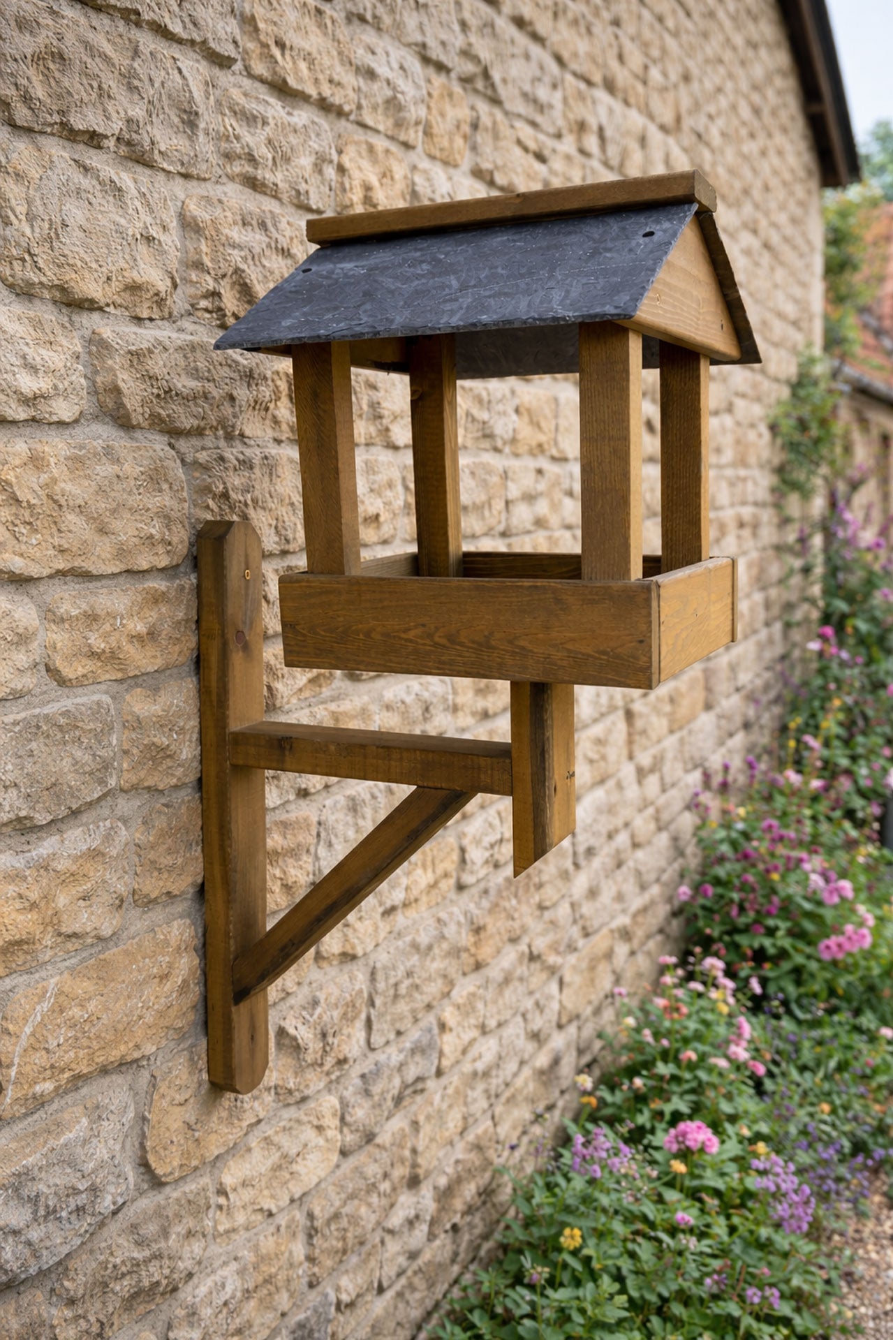 Premium Wall Mounted Garden Bird Table - Real Slate Roof Wooden Bird Feeder