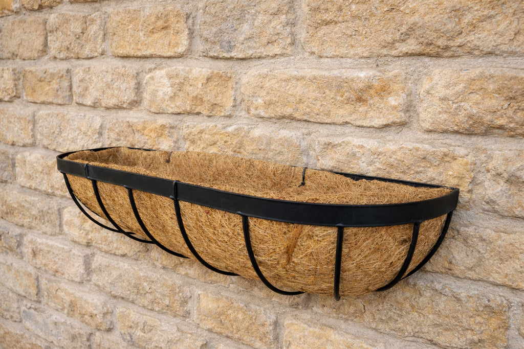 Twin Pack Outdoor Metal Wall Planters 60cm Window Boxes with Natural Coir Liners for Garden Walls