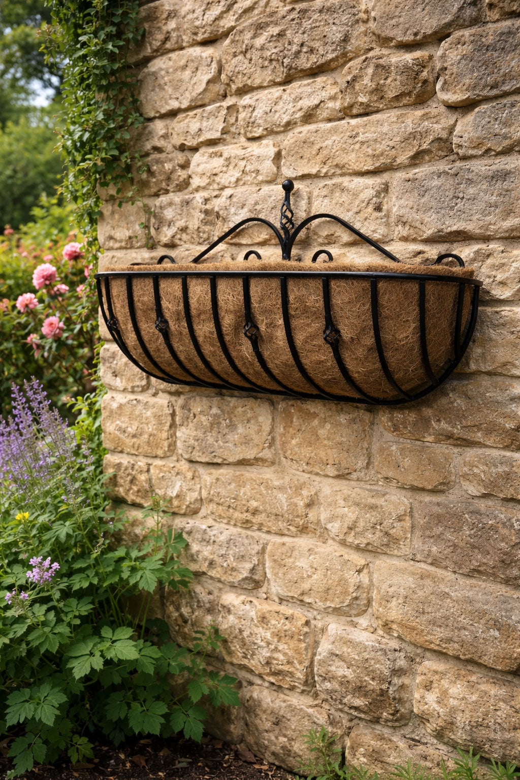 Heavy-Duty Decorative Spiral Wall Trough - Steel Outdoor Wall Planter with Coco Liner