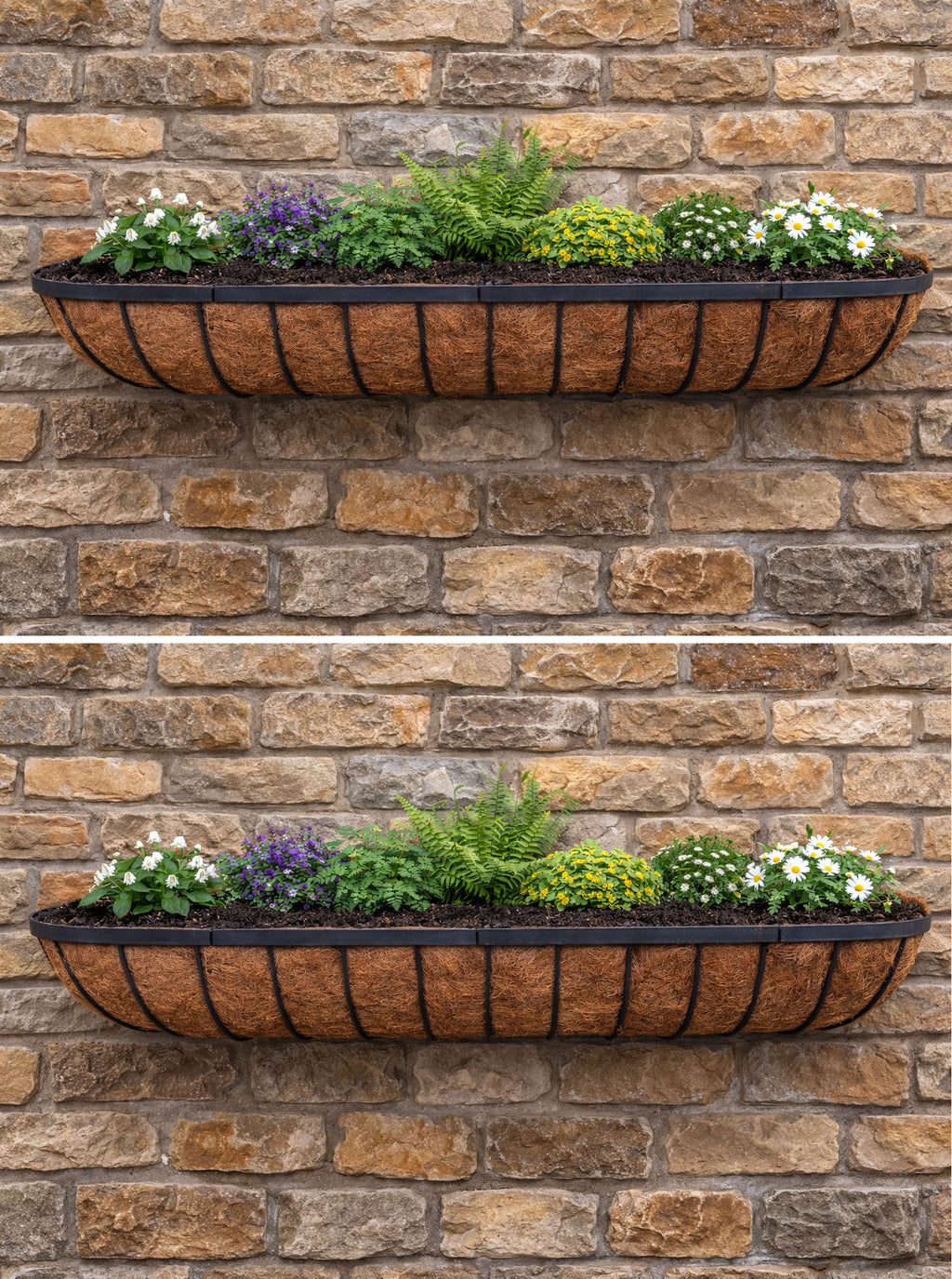 Twin Pack Outdoor Metal Wall Planters 120cm Window Boxes with Natural Coir Liners for Garden Walls