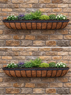 Twin Pack Outdoor Metal Wall Planters 120cm Window Boxes with Natural Coir Liners for Garden Walls