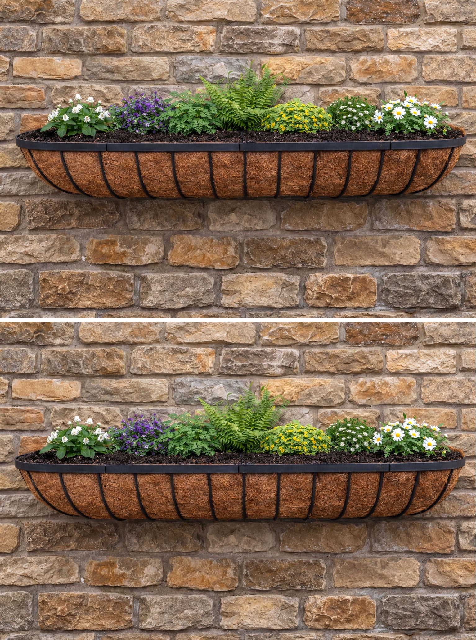 Twin Pack Outdoor Metal Wall Planters 120cm Window Boxes with Natural Coir Liners for Garden Walls