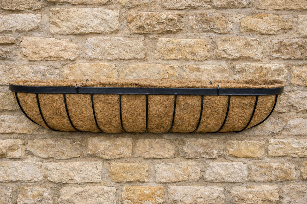Twin Pack Outdoor Metal Wall Planters 90cm Window Boxes with Natural Coir Liners for Garden Walls