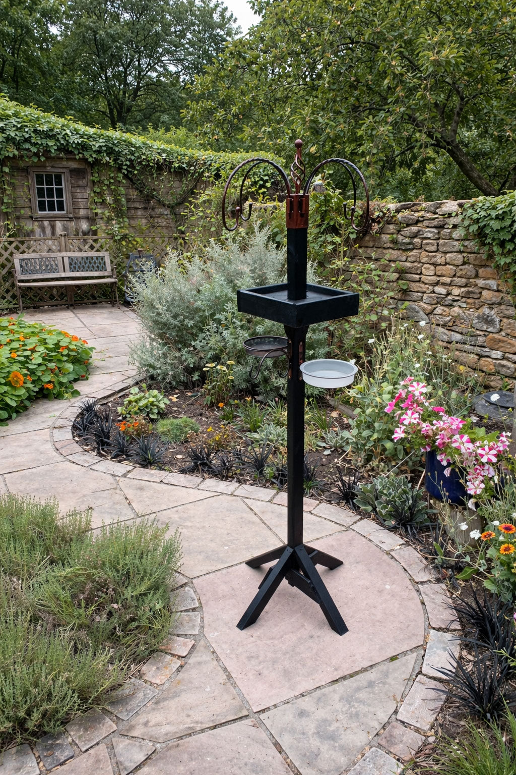 Wooden Bird Table Feeding Station with Hanging Hooks Mesh Feeding Tray and Water Dish Garden Bird Feeder Stand