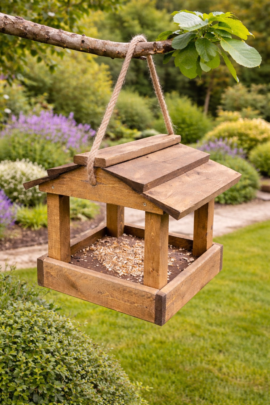 Premium Wooden Bird Feeder Hanging Rope Bird Table Garden Feeder With Roof Fully Assembled