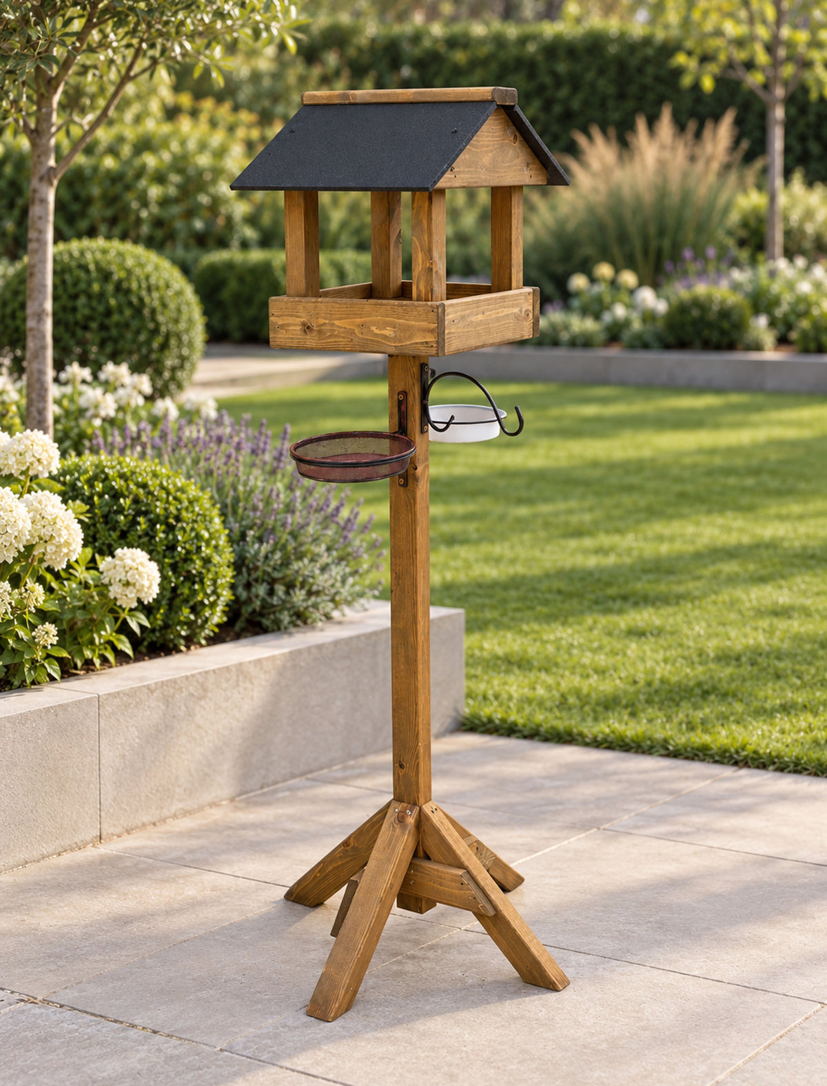 Meadows Wooden Bird Table with Black Roof, Feeding Station Trays & Bird Bath