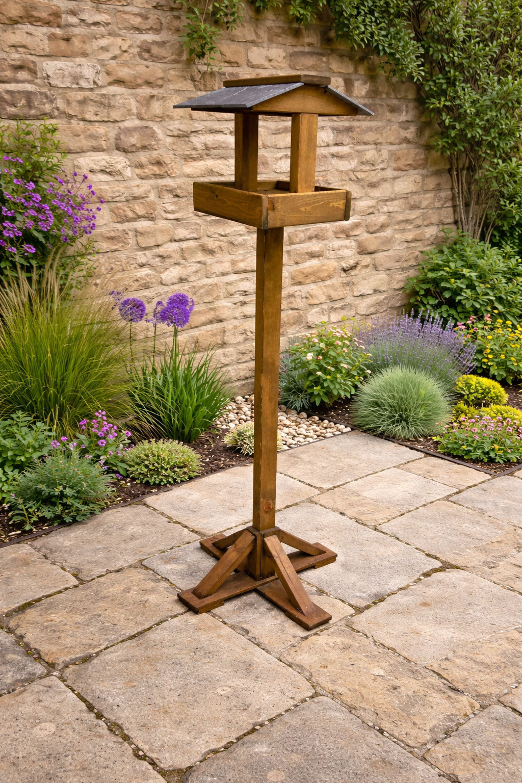 Large Outdoor Wooden Bird Table with Slate Roof - Garden Bird Feeding Stand for Wild Birds 1.6m Tall