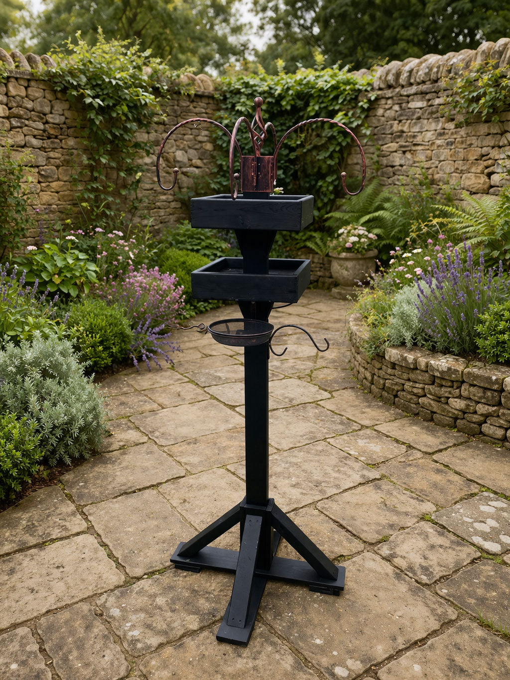 Freestanding Bird Feeding Station Heavy Duty with Dual Feeding Tables - 4 Arm Hanging Hooks - Mesh Seed Tray and Water Dish