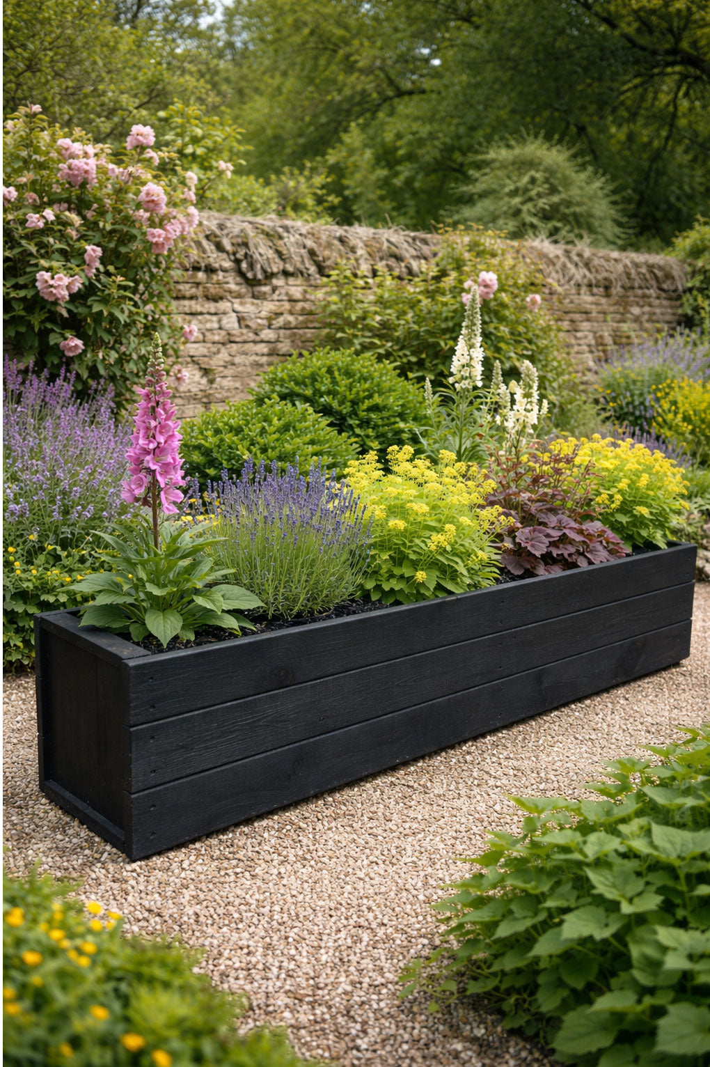 Modern Black Wooden Garden Trough Planter 120cm - Heavy Duty Rectangular Outdoor Plant Container for Patios