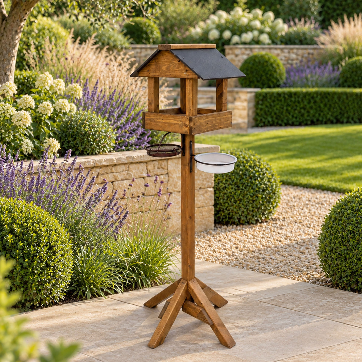 Meadows Wooden Bird Table with Black Roof, Feeding Station Trays & Bird Bath