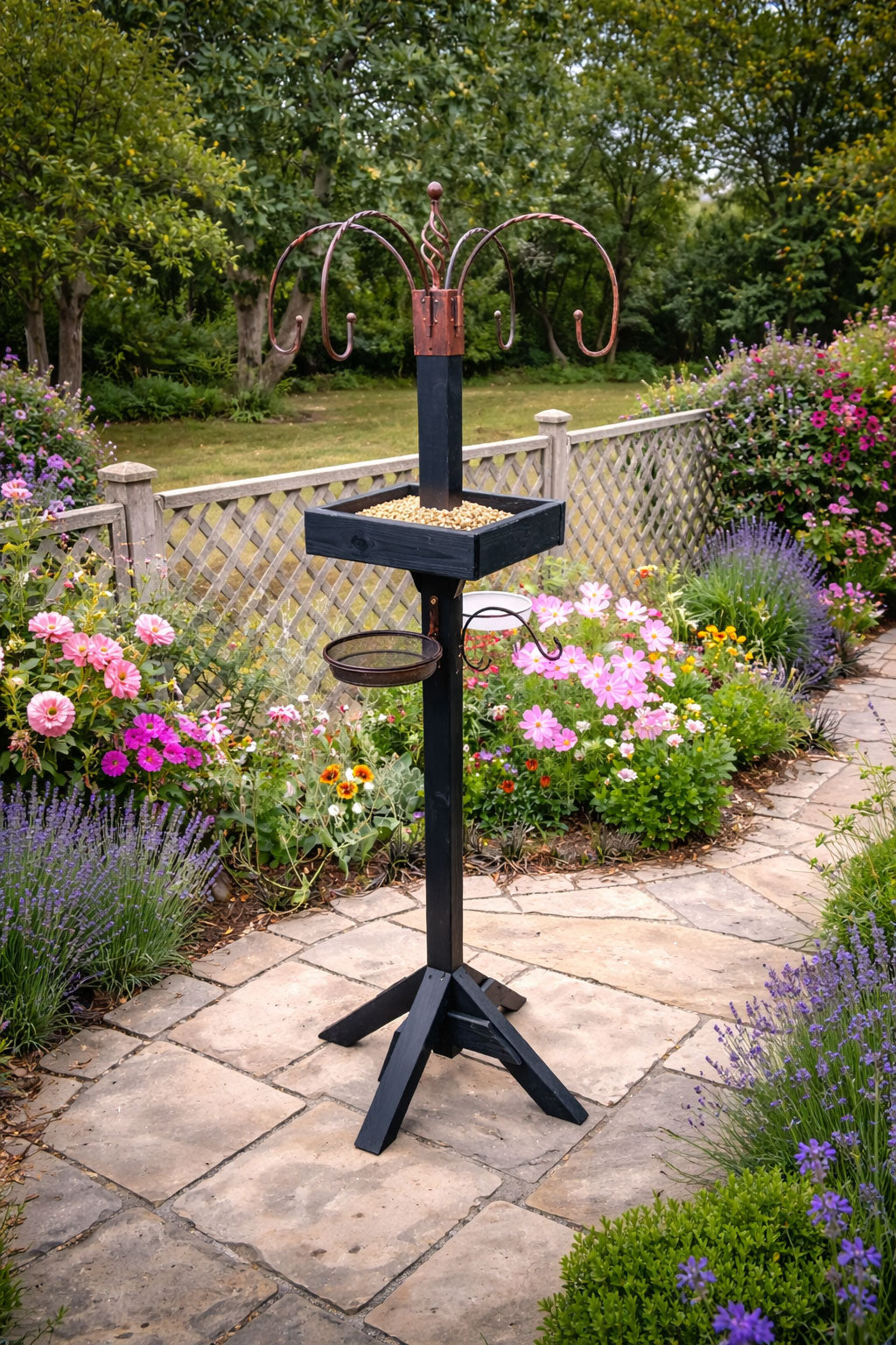 Wooden Bird Table Feeding Station with Hanging Hooks Mesh Feeding Tray and Water Dish Garden Bird Feeder Stand