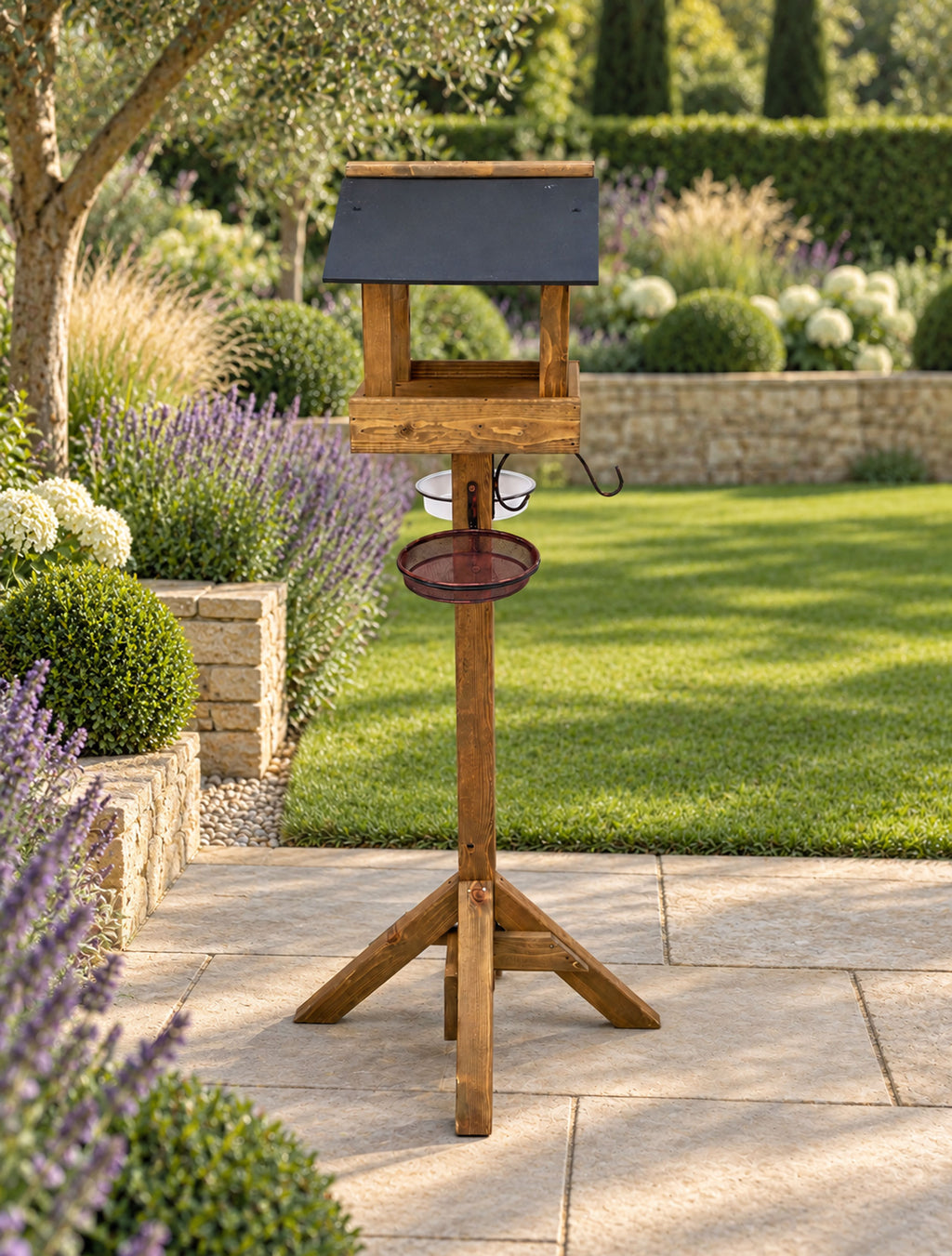 Meadows Wooden Bird Table with Black Roof, Feeding Station Trays & Bird Bath