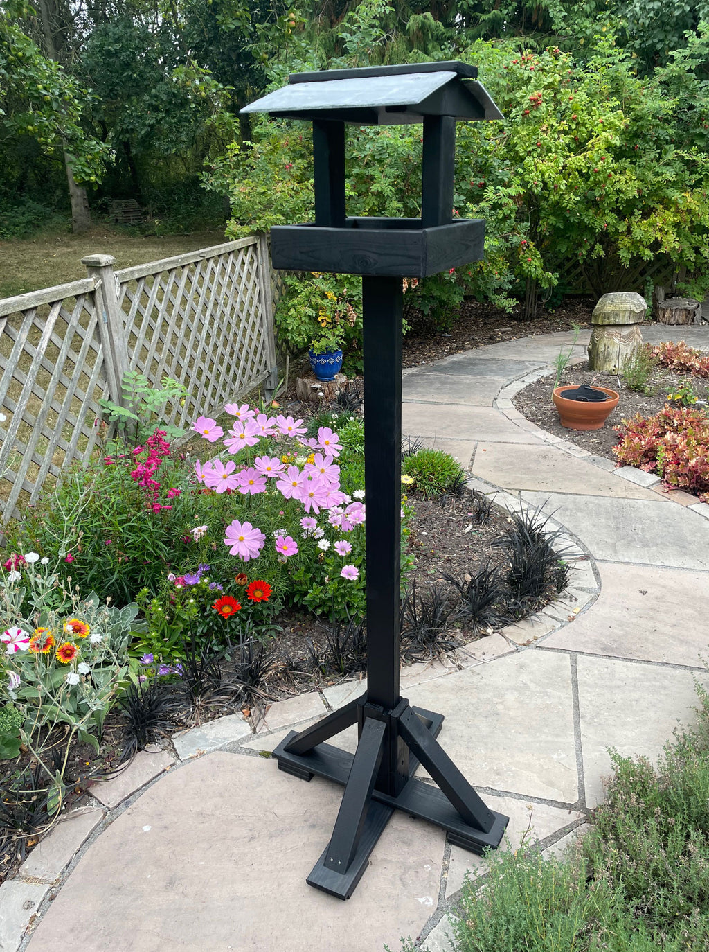 Premium Garden Bird Table Slate Tiled Roof Black