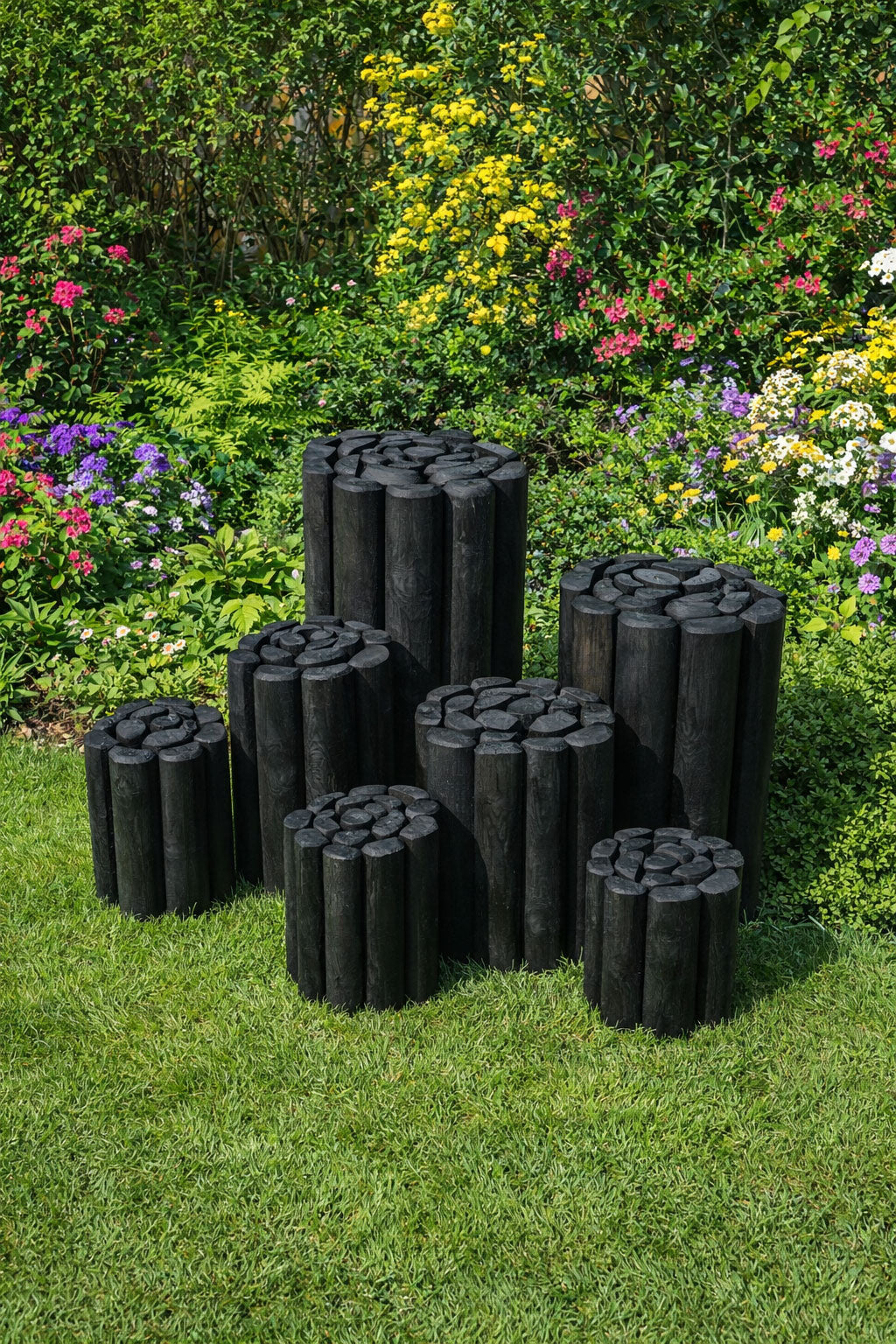 Timber Log Roll Garden Edging Black Pressure Treated Wooden Lawn Border Multiple Heights