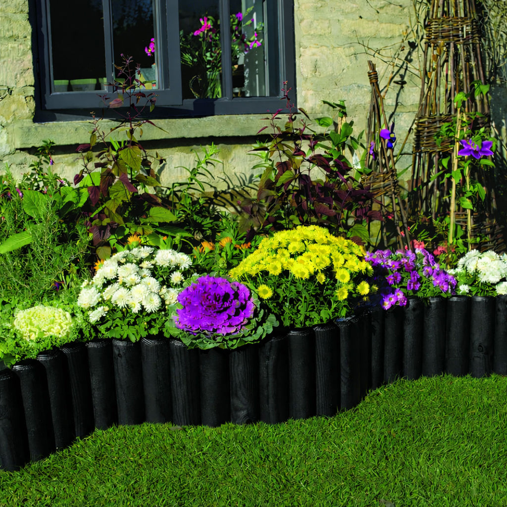 Timber Log Roll Garden Edging Black Pressure Treated Wooden Lawn Border Multiple Heights