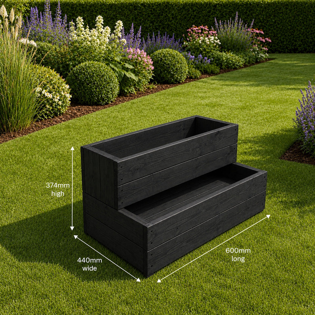 Double Tier Timber Planter Box - Handmade Wooden Garden Growing Bed Black