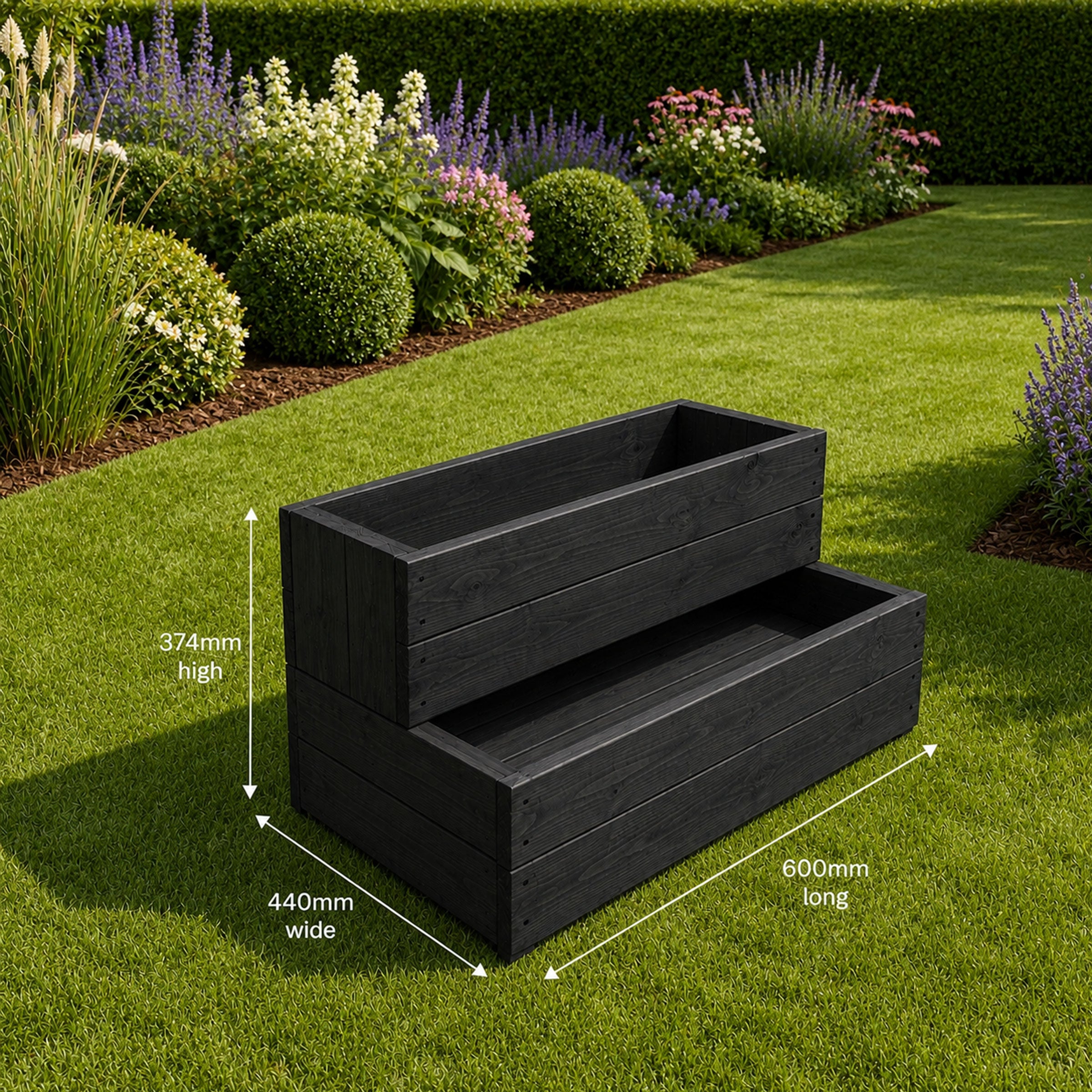 Double Tier Timber Planter Box - Handmade Wooden Garden Growing Bed Black