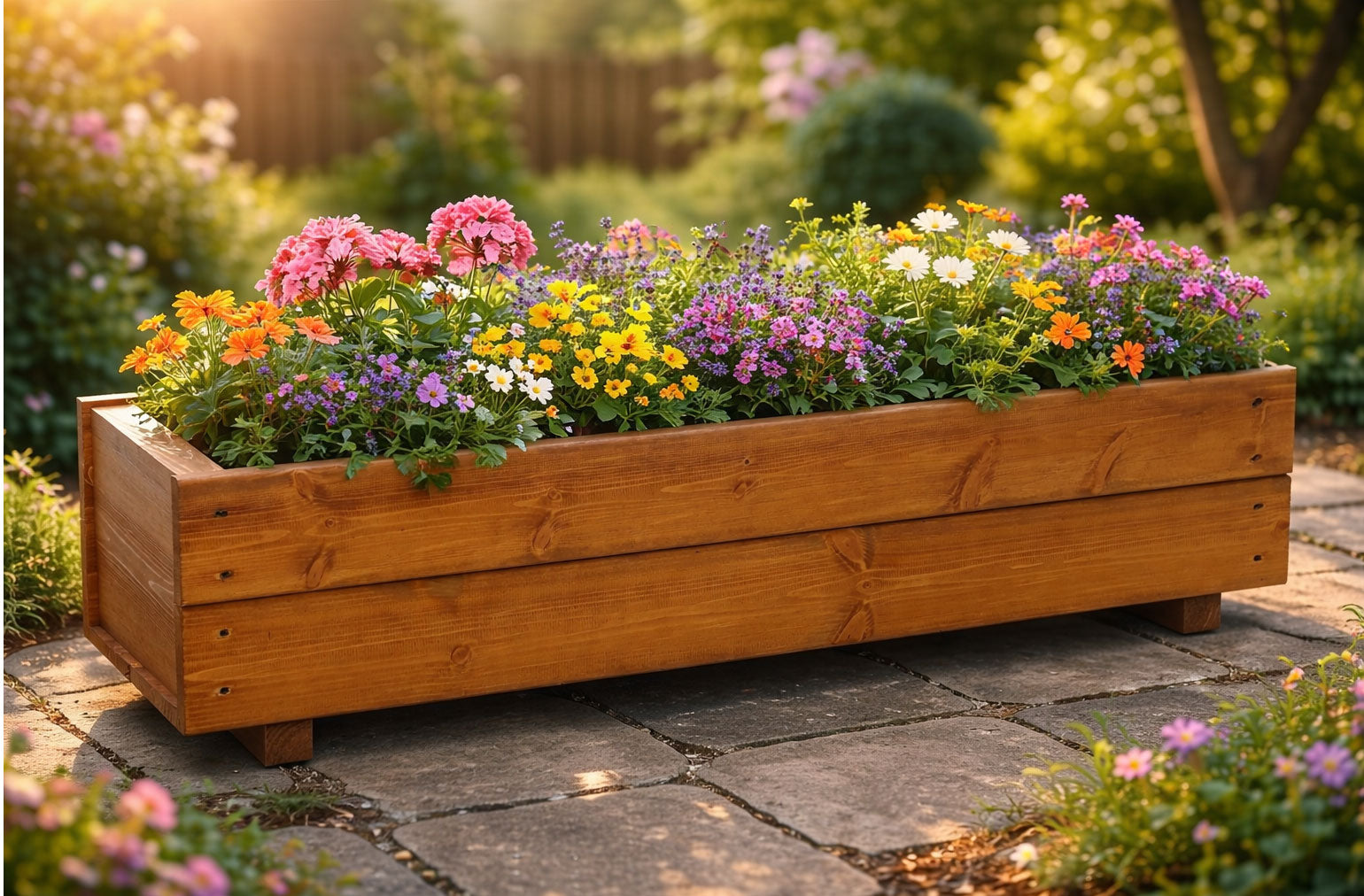 Large Wooden Planter Trough Twin Pack 100cm Brown Herb Planter Box for Garden Patio and Balcony