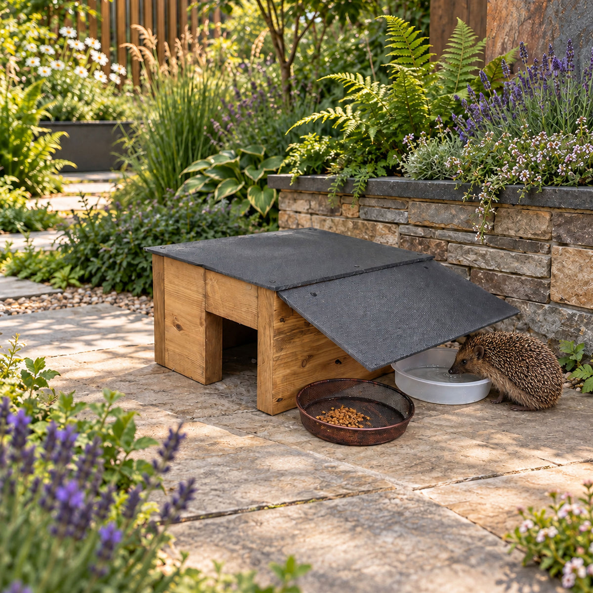Heavy-Duty Wooden Hedgehog Feeding Station & Shelter with Food and Water Dishes - 35mm Timber Walls