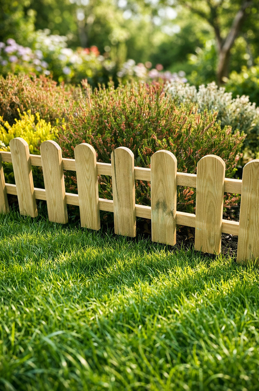 Low Garden Border Edge Panels - Timber Wooden Picket Edging with Integral Spike for Lawns and Flower Beds