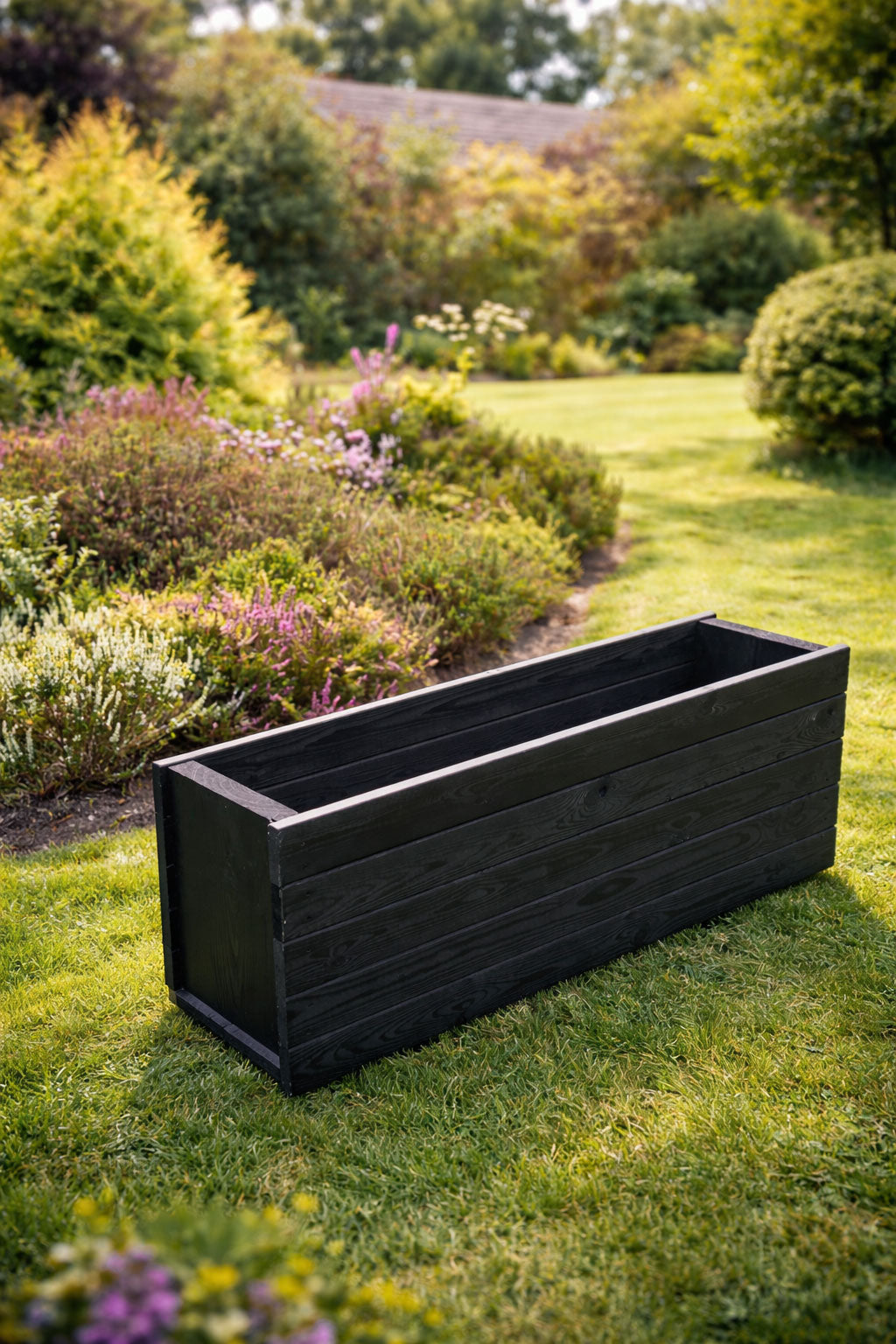 Rectangular Black Wooden Trough Planter Long Timber Garden Planter Box for Outdoor Flowers and Herbs