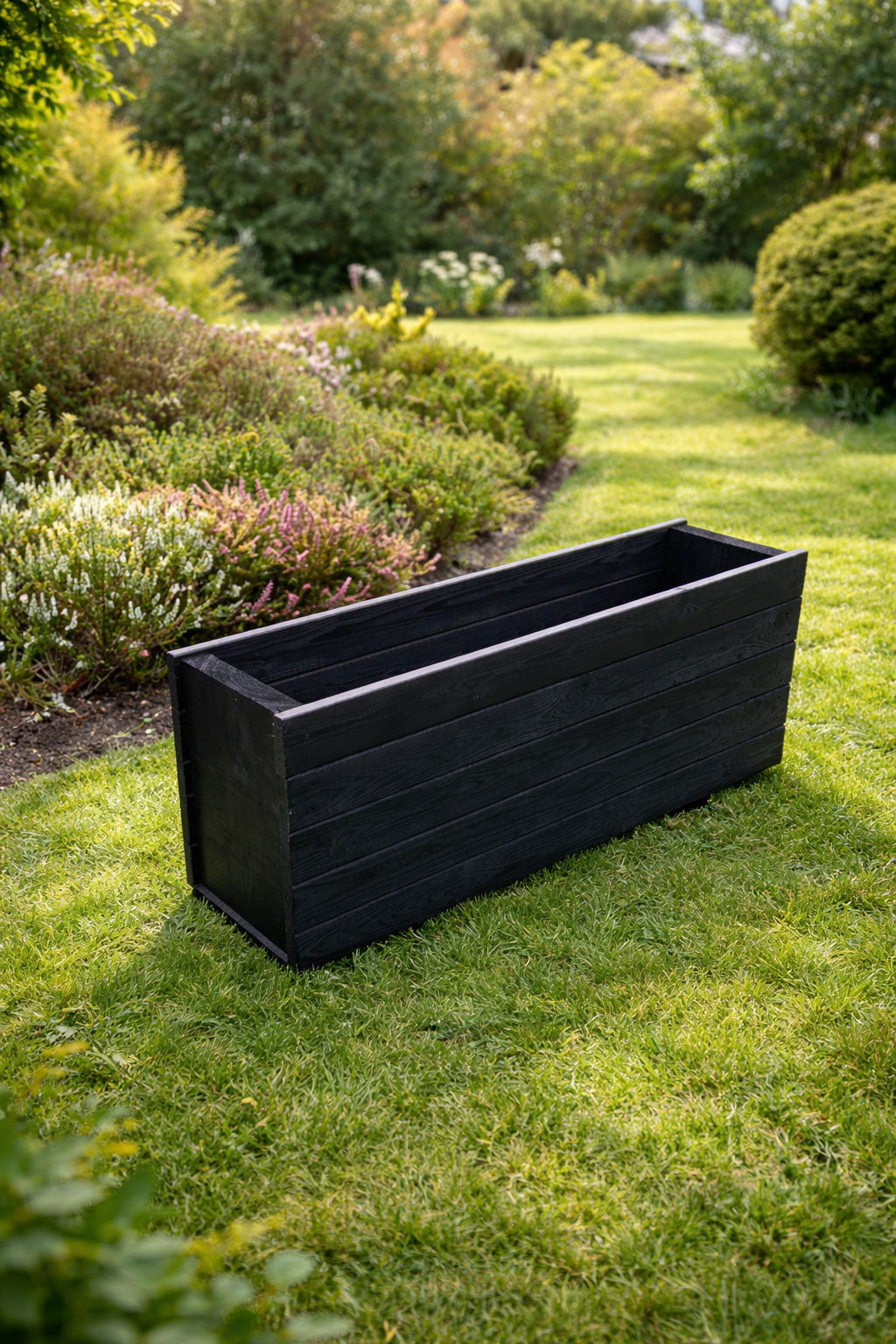 Rectangular Black Wooden Trough Planter Long Timber Garden Planter Box for Outdoor Flowers and Herbs