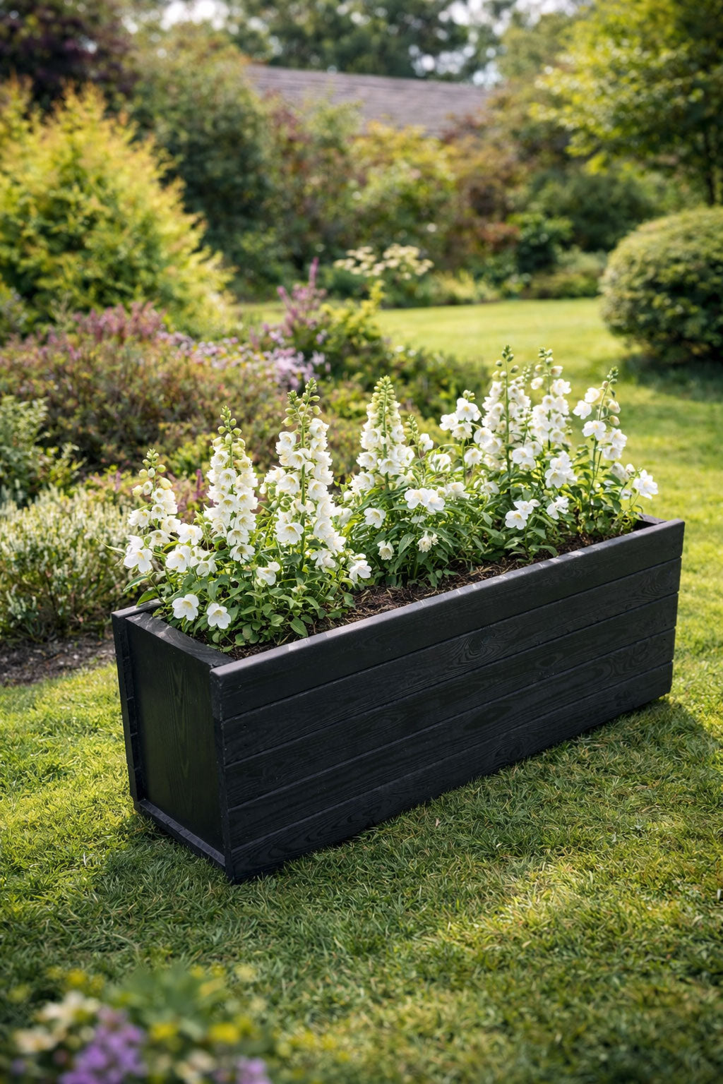 Rectangular Black Wooden Trough Planter Long Timber Garden Planter Box for Outdoor Flowers and Herbs