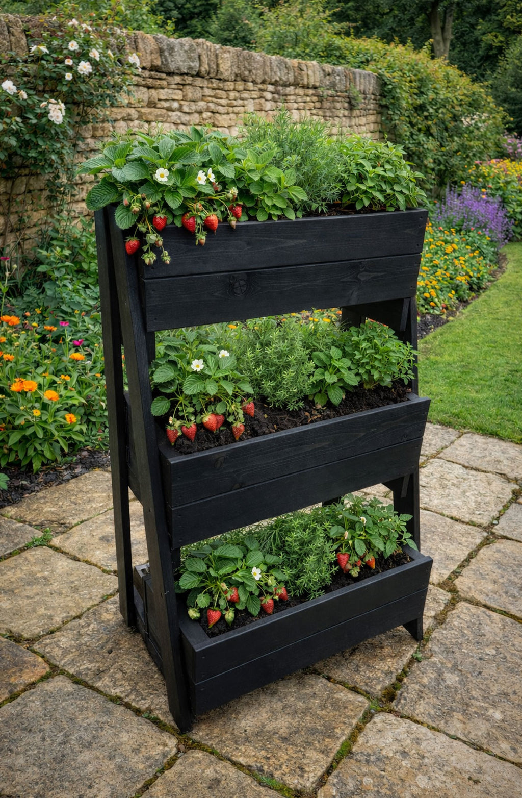 Handcrafted Tiered Wooden Garden Planter - Ideal for Strawberries, Herbs & Flowers