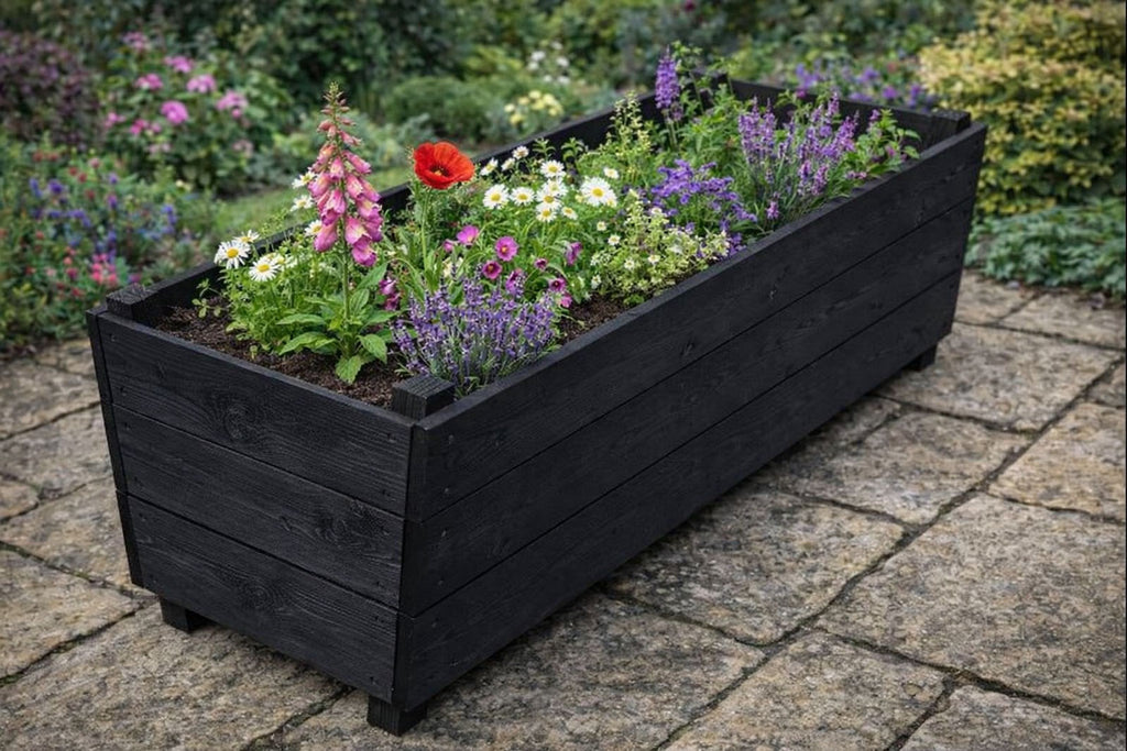 Extra Deep Wooden Trough Garden Planter Black - Long Rectangular Patio Planter Herbs and Perennials