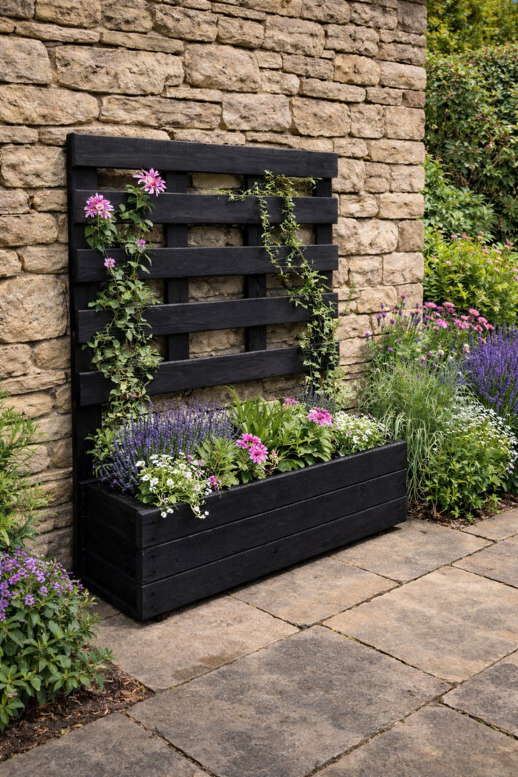 Modern Wooden Black Planter with Trellis - Vertical Frame Garden Planter