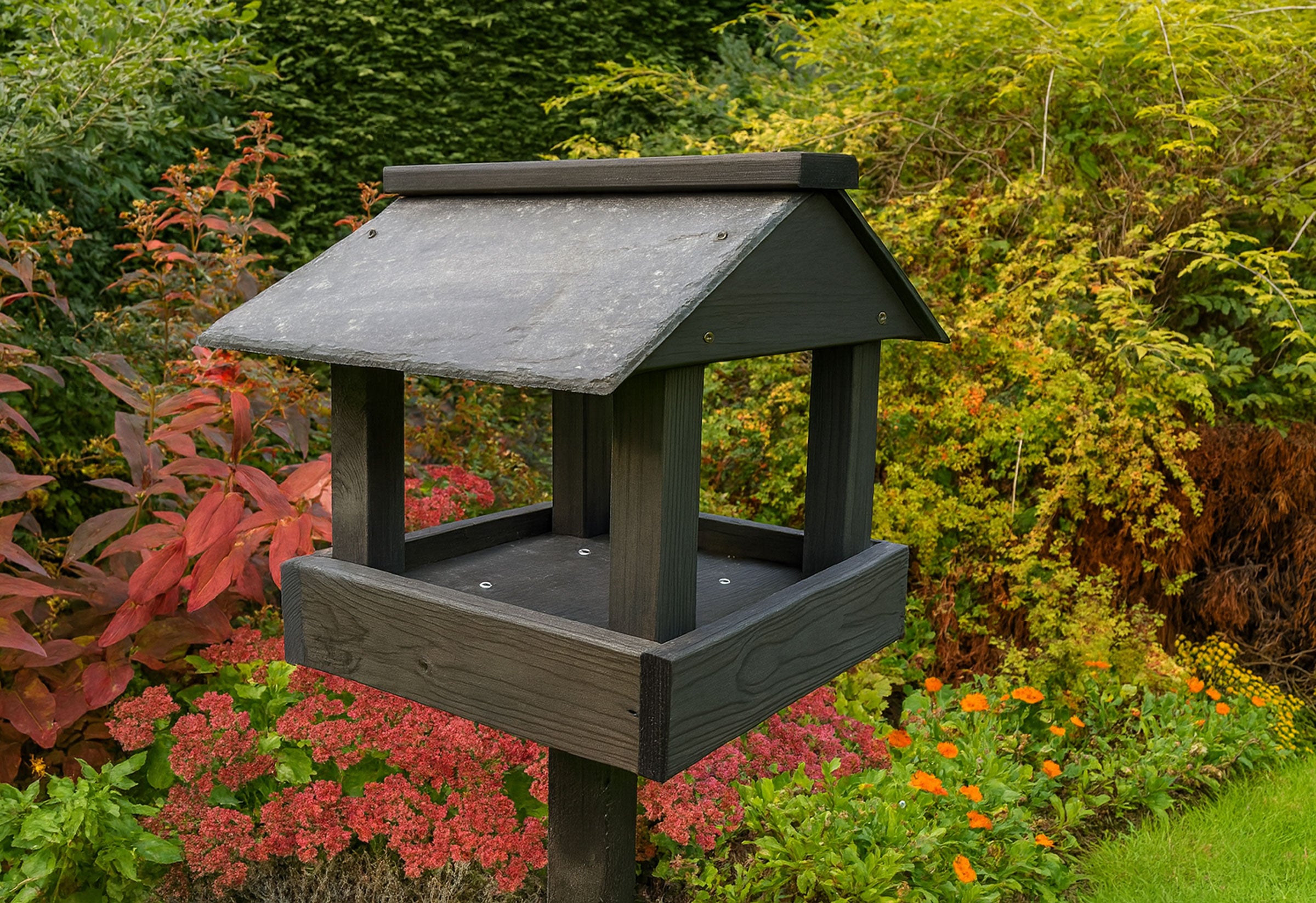 Durable Wooden Bird Table with Slate Roof & Stand for Wild Garden Birds