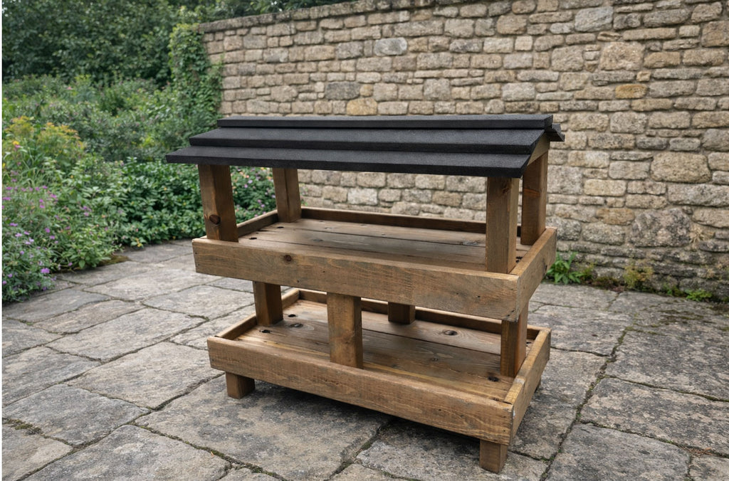 Heavy Duty Wooden Ground Bird Feeder Table - Ready Assembled Outdoor Wild Bird Feeding Station with Black Roof